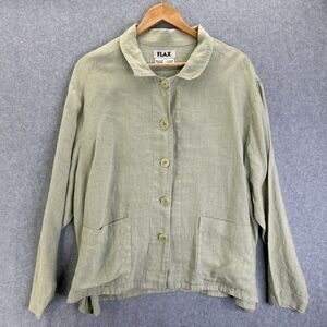 FLAX Long Sleeve Button Down‎ Collared Linen Blouse Shirt Large Pale Sage Green